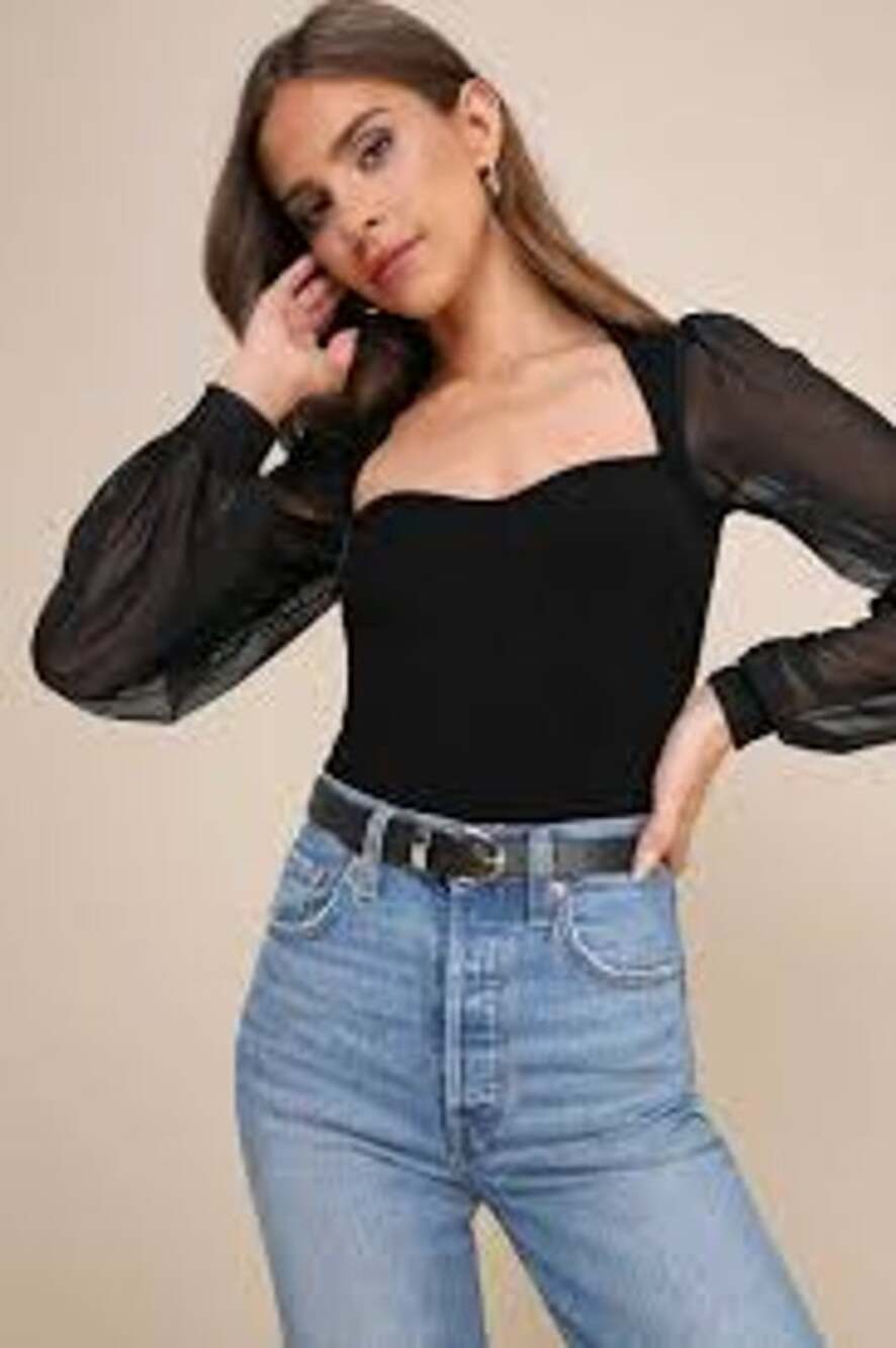 LULU'S Sensational Sweetheart Black Ribbed Balloon Sleeve Bodysuit Size Small S